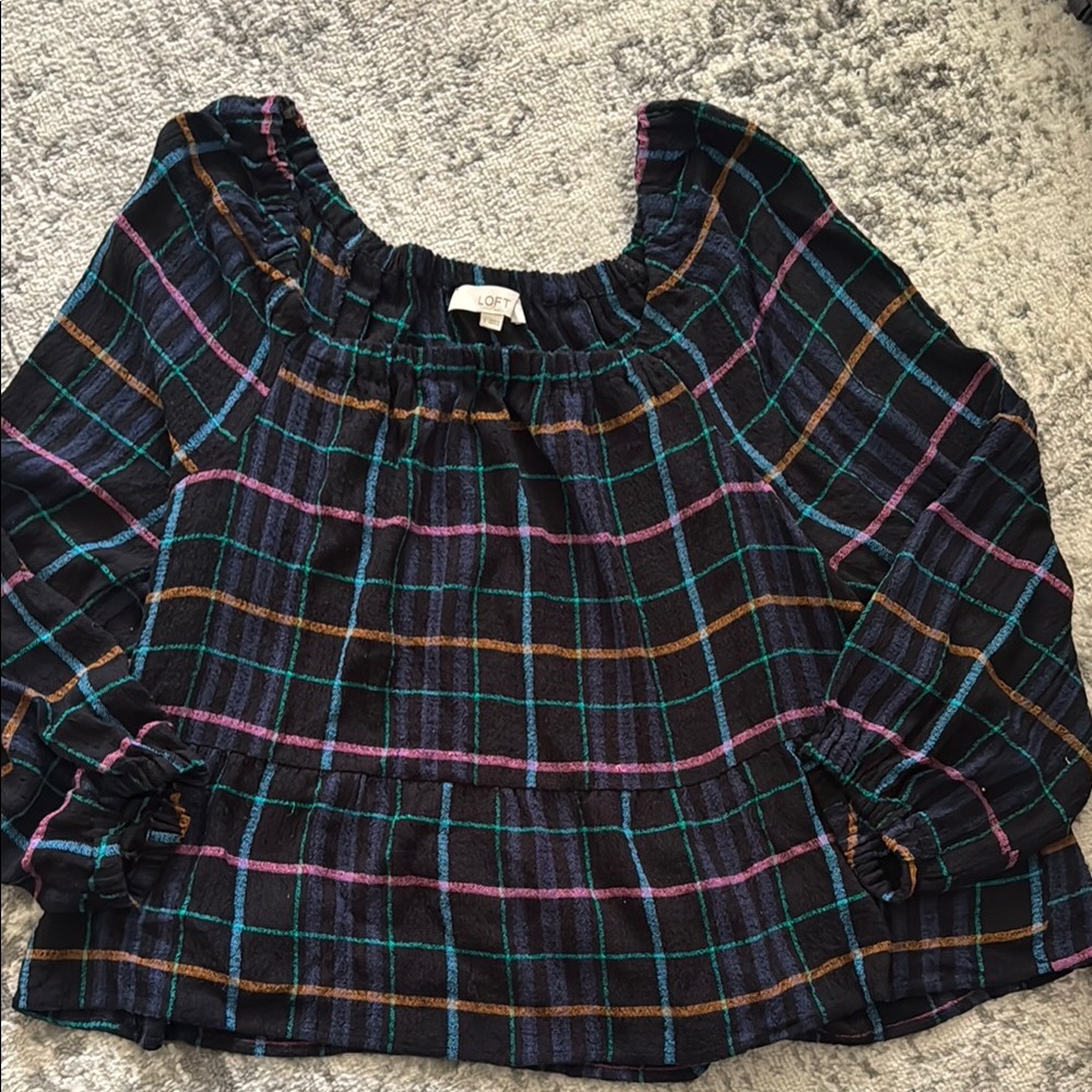 LOFT Multicolor Plaid Peplum Blouse - Large